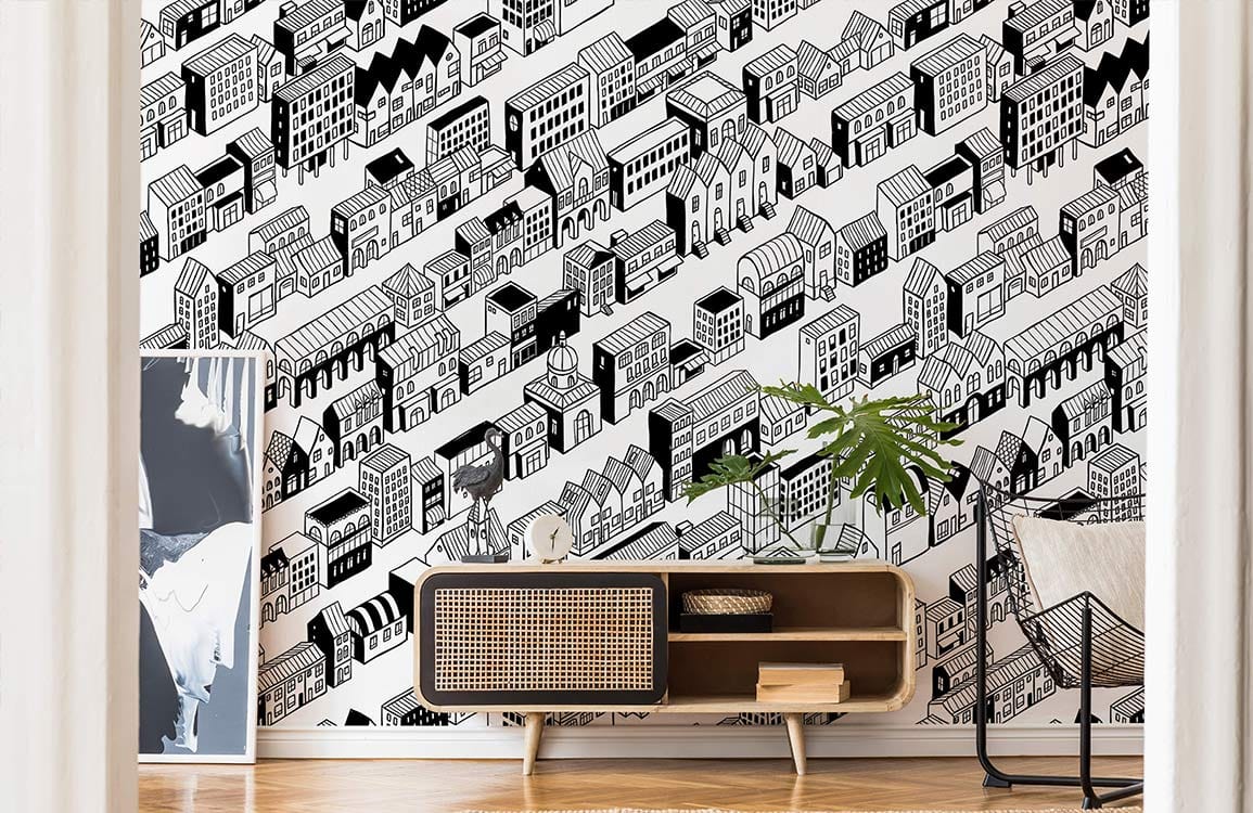 sketched houses in order wall mural for hallway decor