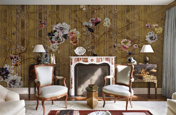Floral Wood Grain Effect Mural Wallpaper