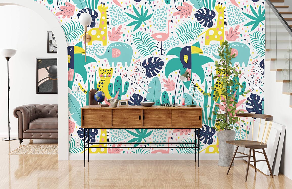 decorative wallpaper with jungle animals in various colors