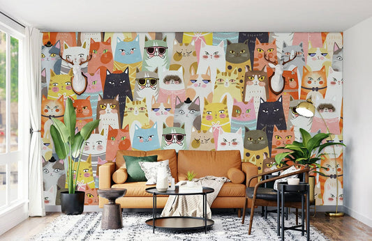 Cats in a Variety of Colors and Expressions Adorn this Cartoon Wallpaper Mural for Home Decoration