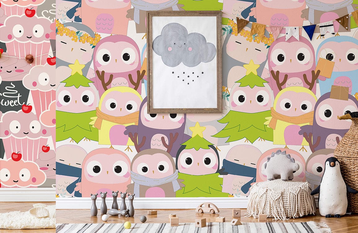 Custom wallpaper mural of adorable baby owls for a nursery.