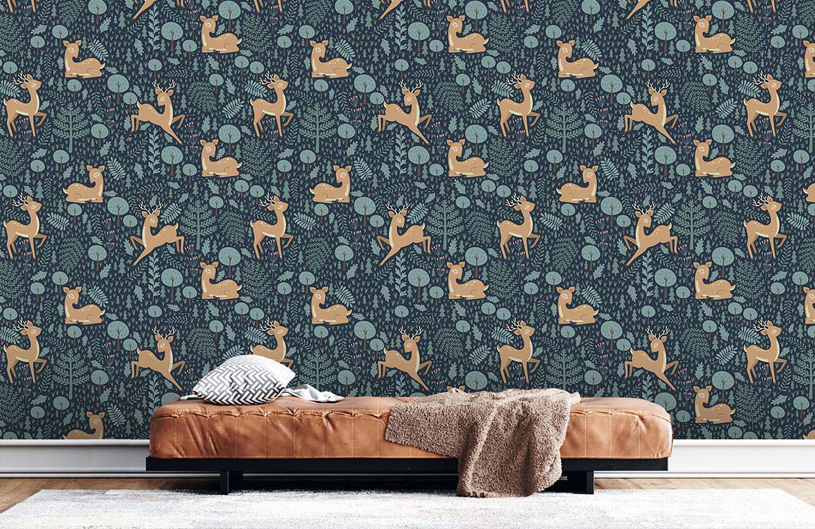 Wallpaper with a jumping deer in the living room