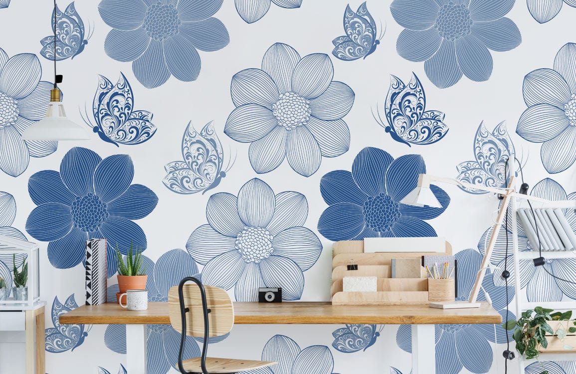 Flower and butterfly wallpaper for the room in a distinctive blue line drawing.