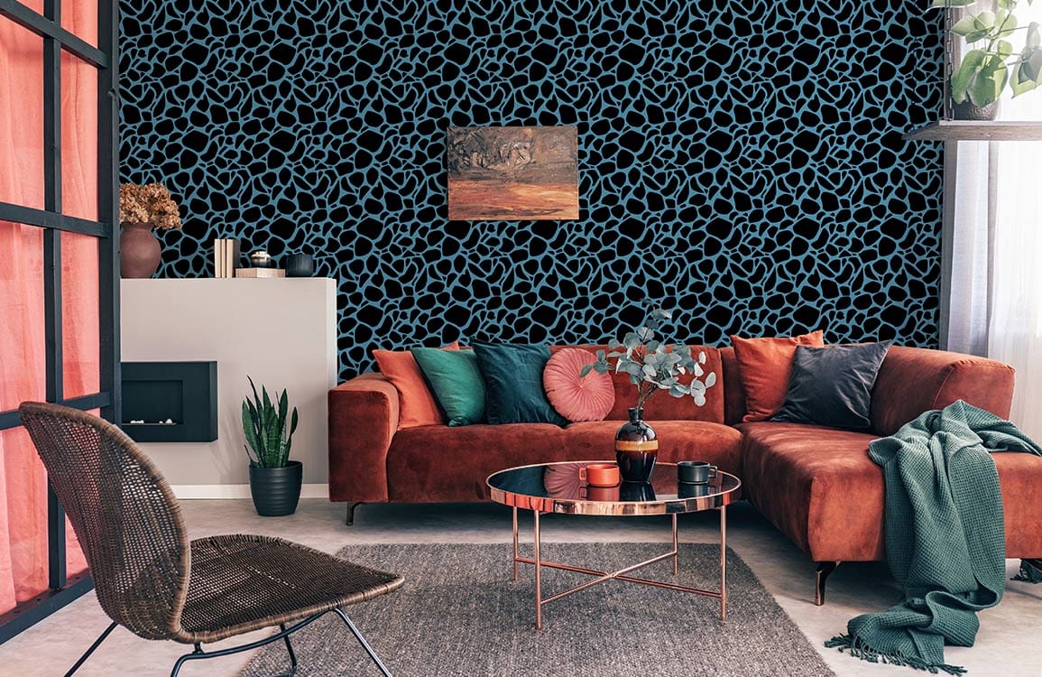 wallpaper mural with a dark blue fur design that may be used to decorate a living room