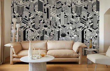 Monochrome Geometric Cityscape Mural Wallpaper