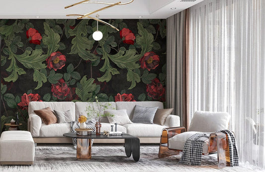 custom green leaf and red flowers pattern wallpaper mural for living room