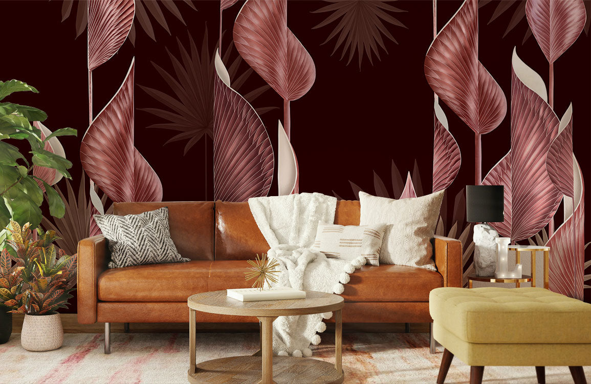 custom pink 3d leaves wallpaper mural for living room