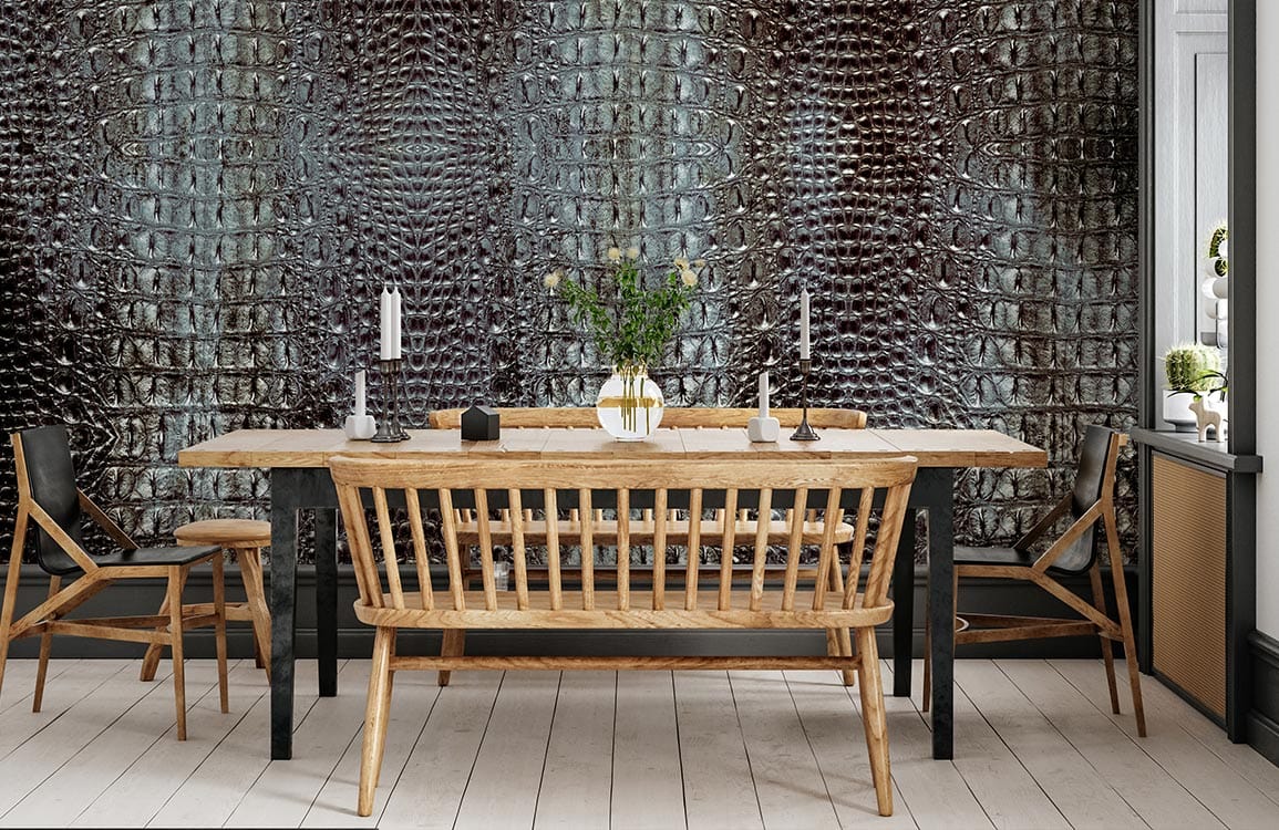 wallpaper mural with a dark snake skin animal design for use in the dining area.