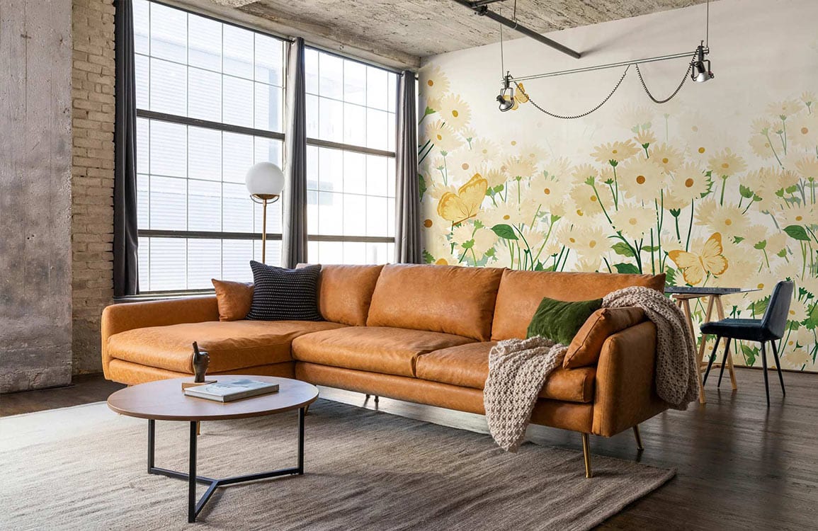 Decorative Wallpaper Mural for a Living Room Featuring a Daisy and a Butterfly