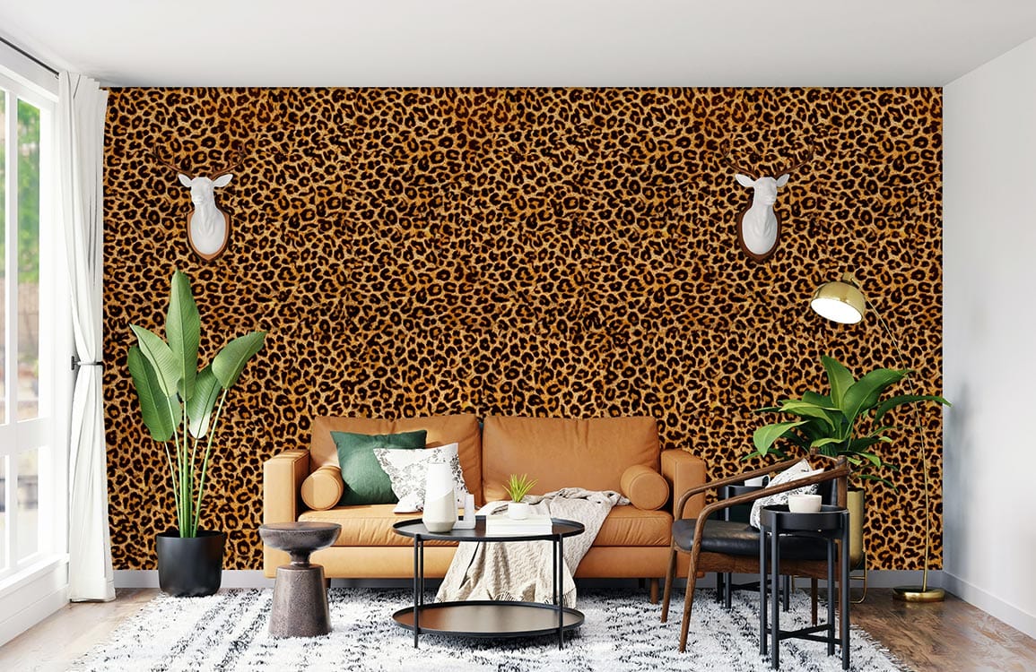wallpaper mural with a rich leopard pattern texture intended for use in the living room.