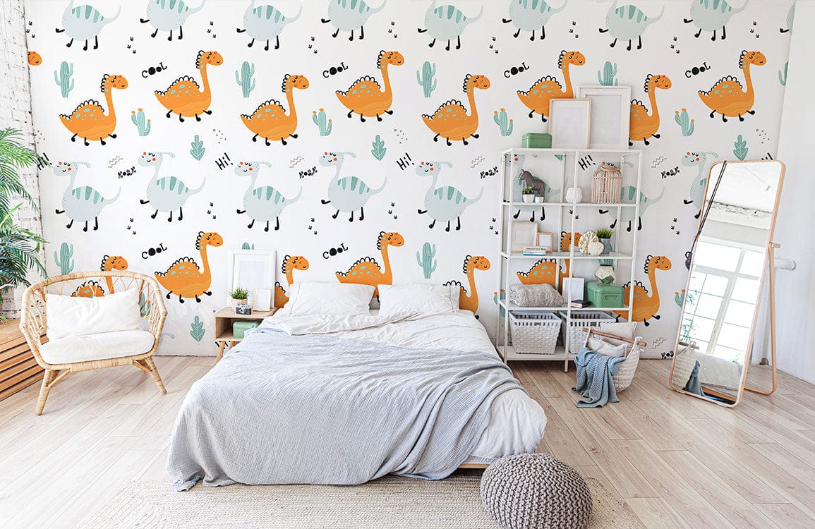 wallpaper with dinosaurs and tree branches in the style of a cartoon