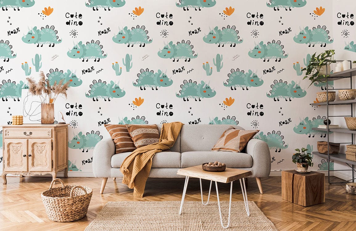 wallpaper mural of smiling dinosaurs and other walking animals for your room