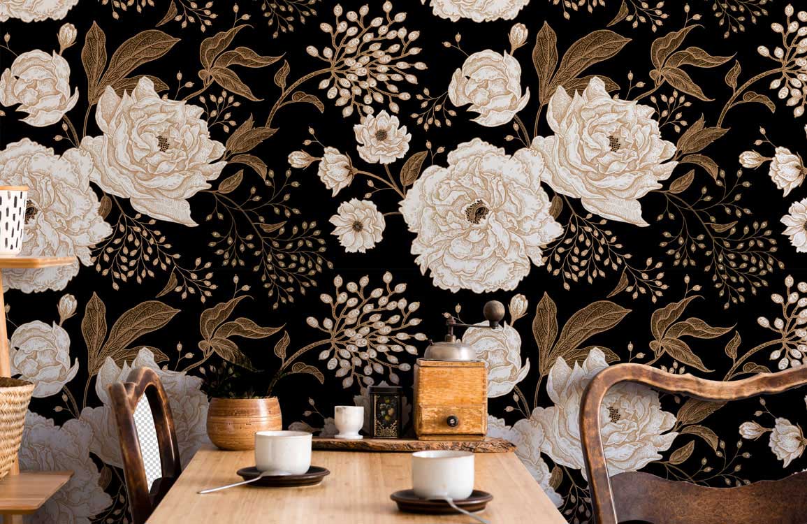 Room wallpaper in black and gold with flowers