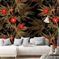 wallpaper with a vintage design of golden leaves and red flowers for the room