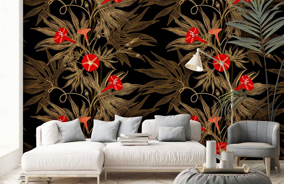 wallpaper with a vintage design of golden leaves and red flowers for the room