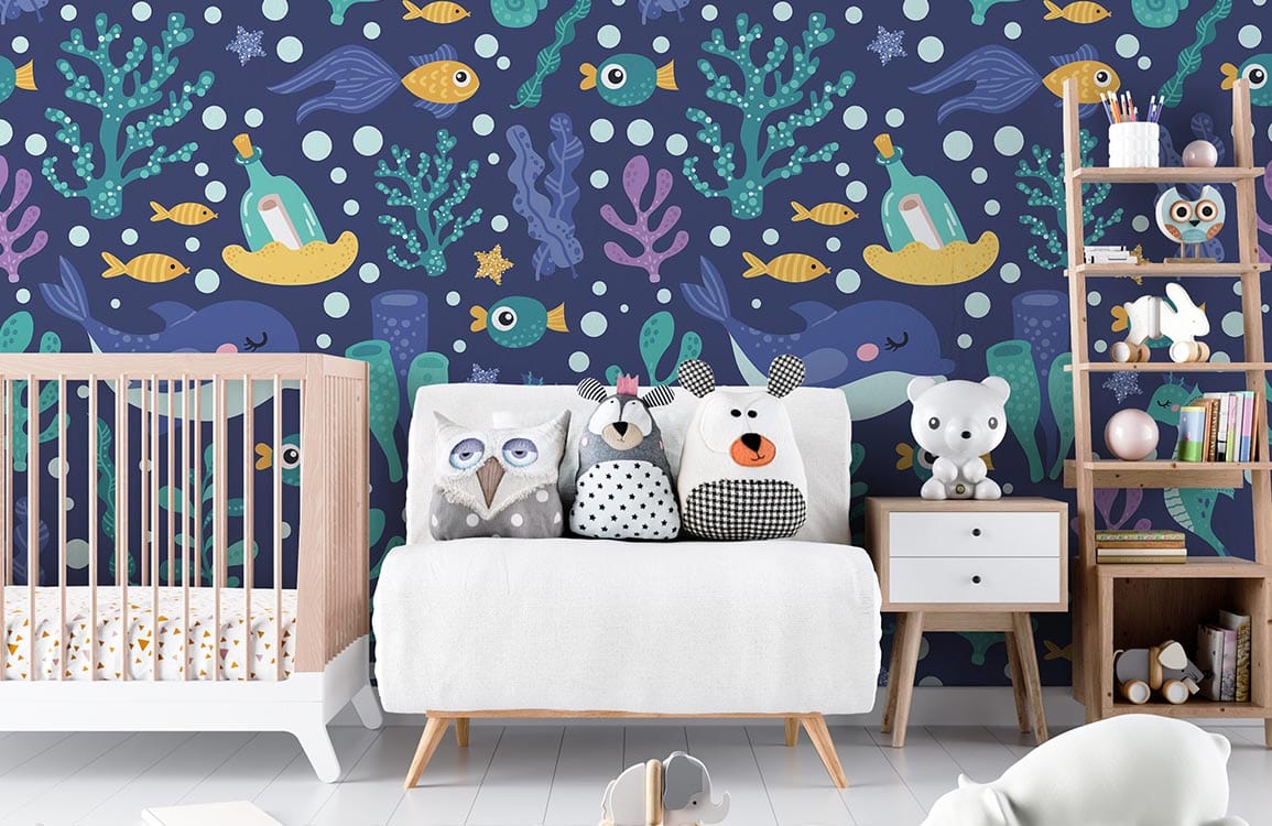 wallpaper with cartoon fish and bubbles from the ocean