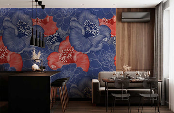Blue and Red Floral Pattern Mural Wallpaper