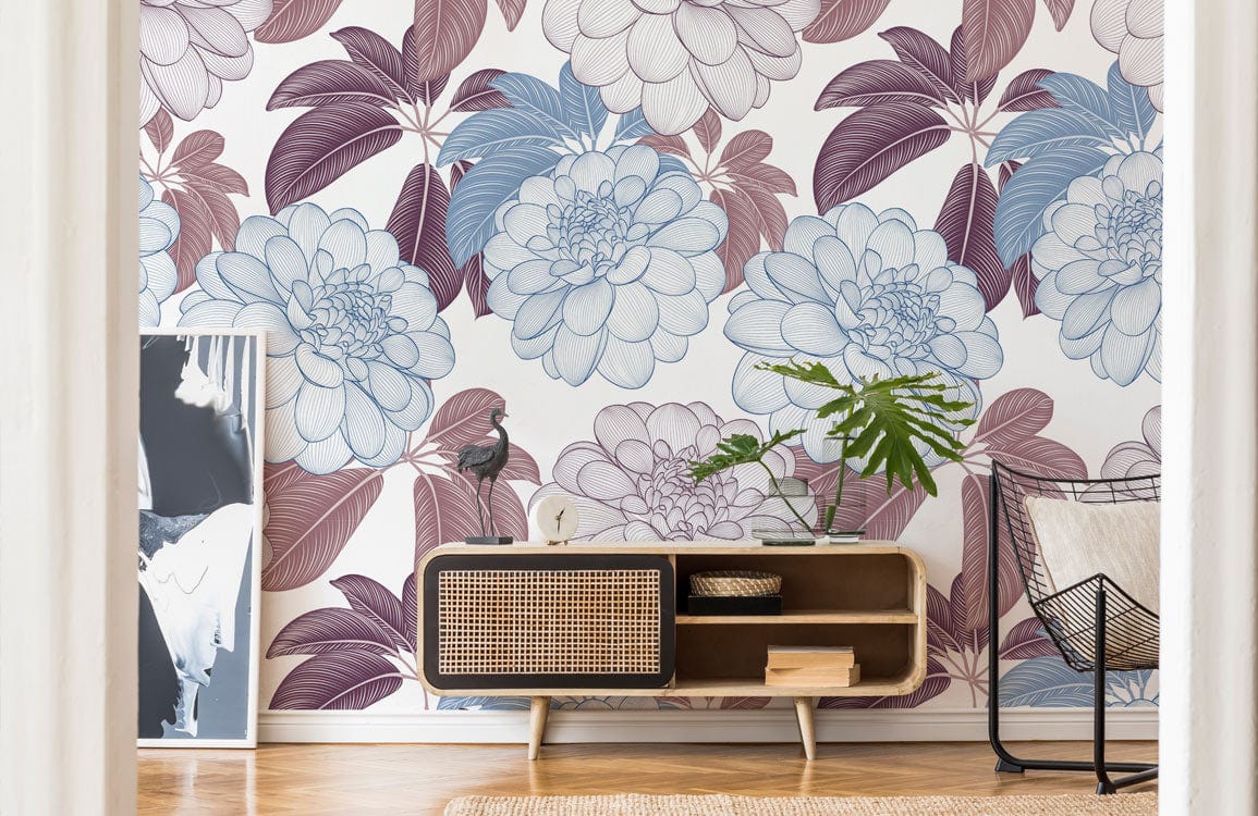 floral wallpaper in calming shades of purple and blue for a bedroom