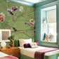 wallpaper mural for hotel décor with an oil painting of flower branches on a green background.