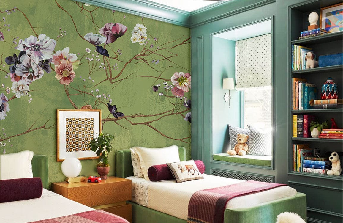wallpaper mural for hotel décor with an oil painting of flower branches on a green background.