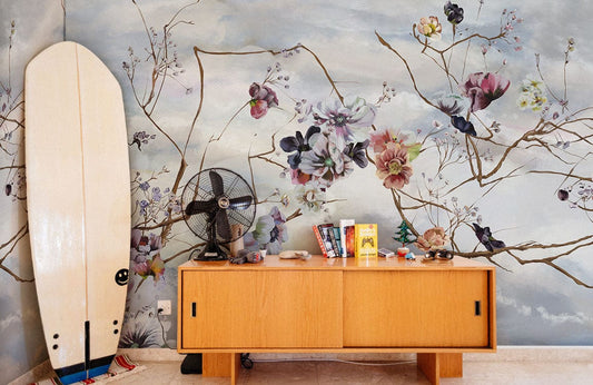 Flower branch and bloom wallpaper mural used for the decoration of hallways