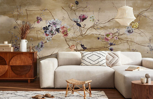traditional floral branch painting wallpaper mural for use in decorating the living room