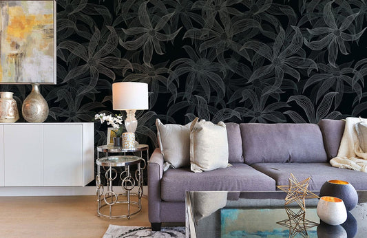 custom wallpaper mural for living room, lined flowers art
