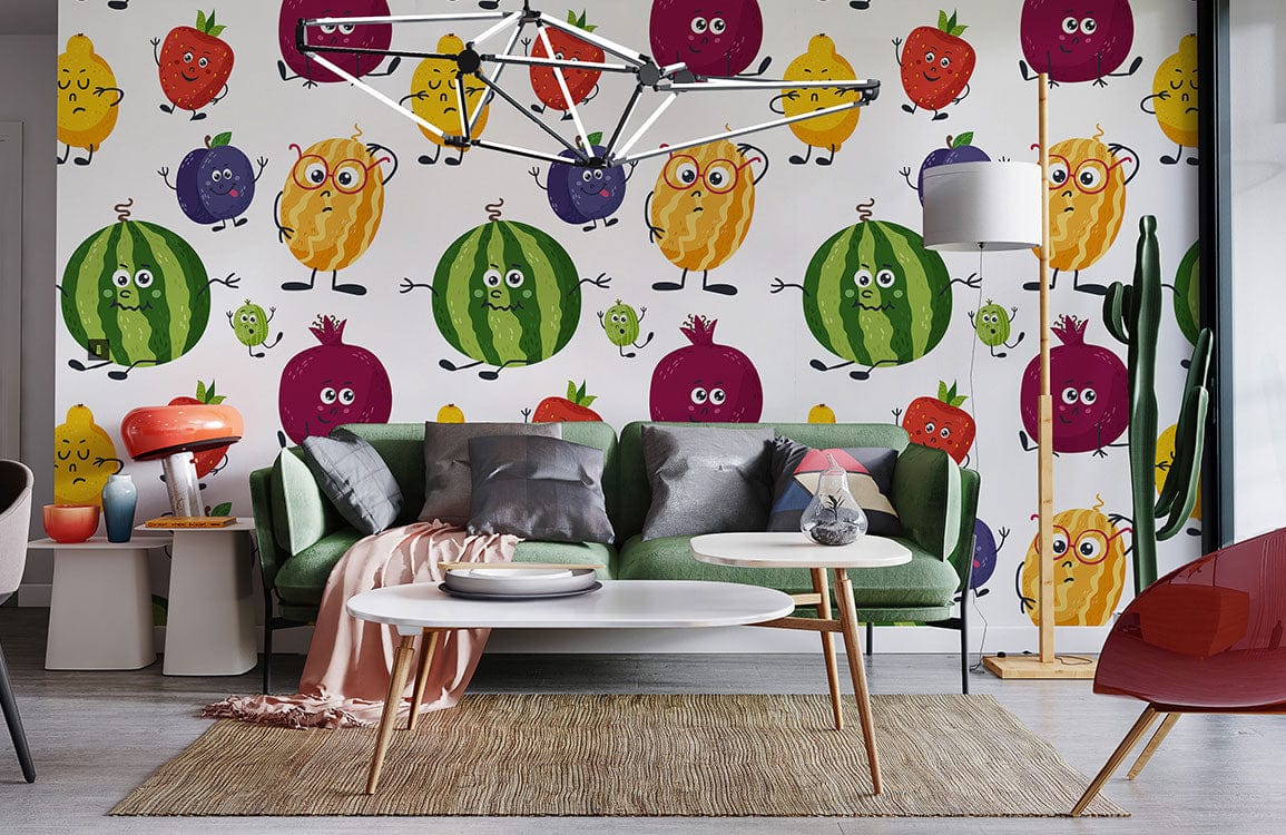 wallpaper in the dining room in the form of charming cartoon fruits