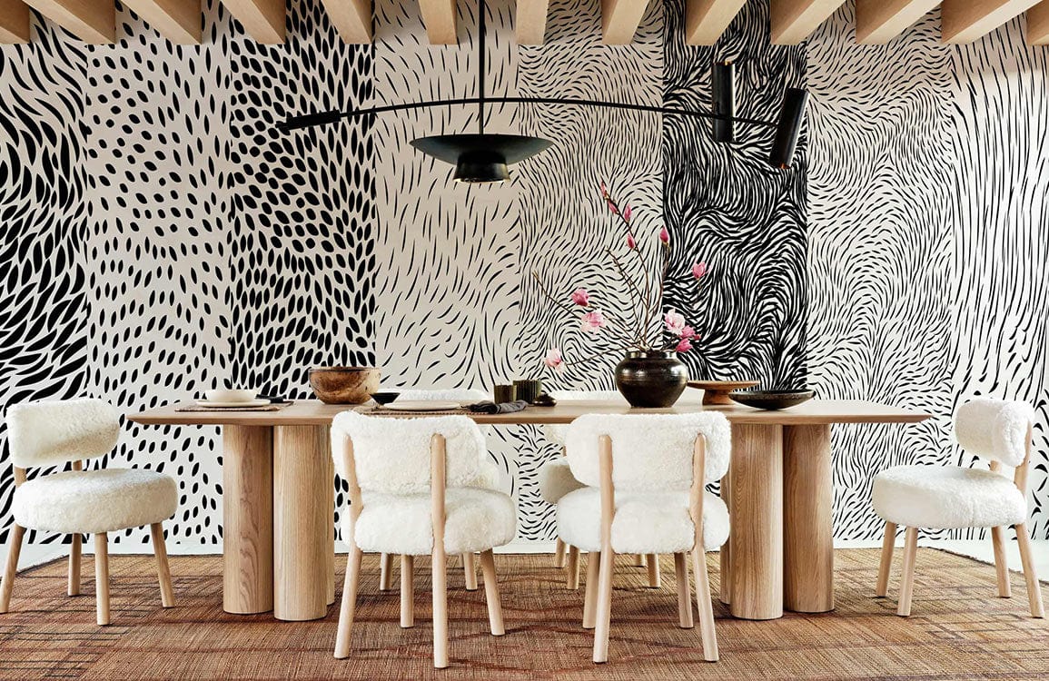 wallpaper mural with a fur assortment of animal skins for use in the dining room interior design