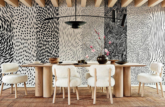 wallpaper mural with a fur assortment of animal skins for use in the dining room interior design
