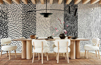 wallpaper mural with a fur assortment of animal skins for use in the dining room interior design