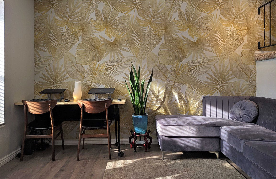 A room wallapper with a golden leaves pattern.