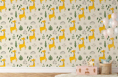 Wallpaper painting of a giraffe munching on leaves