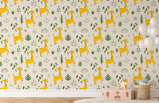 Wallpaper painting of a giraffe munching on leaves