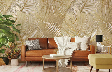 Papier Peint Panoramique Feuilles Dorées Brillantes