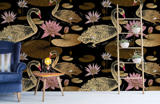 Wallpaper with golden animals and pink flowers in a distinctive look.