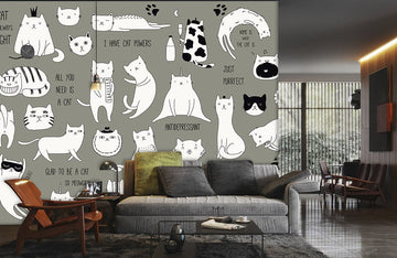 Verspielte Katzenillustration monochrome Wandtapete