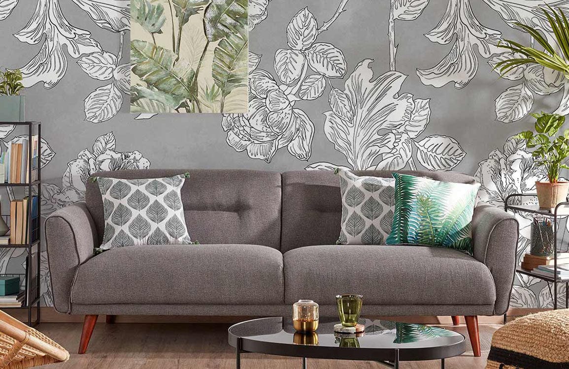 custom  gray sketched flowers wallpaper mural for living room