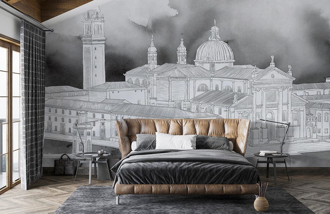 sketched building painting wallpaper mural for bedroom