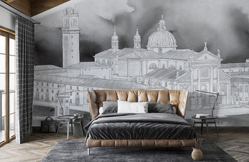 Vintage Monochrome Architektonisches Skizzen Wandbild