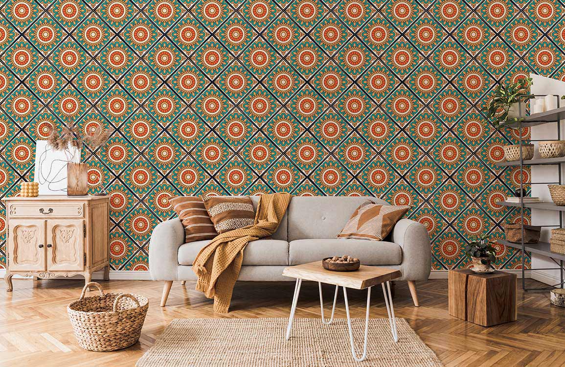 wallpaper with a green and orange flower design for the living room