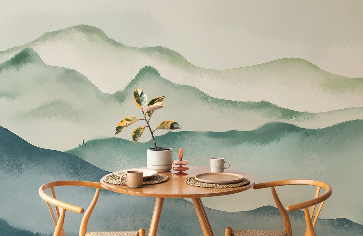 Decorations for the dining room in green watercolour mountains