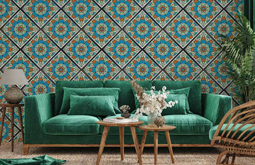 Vintage Teal Geometric Floral Mural Wallpaper