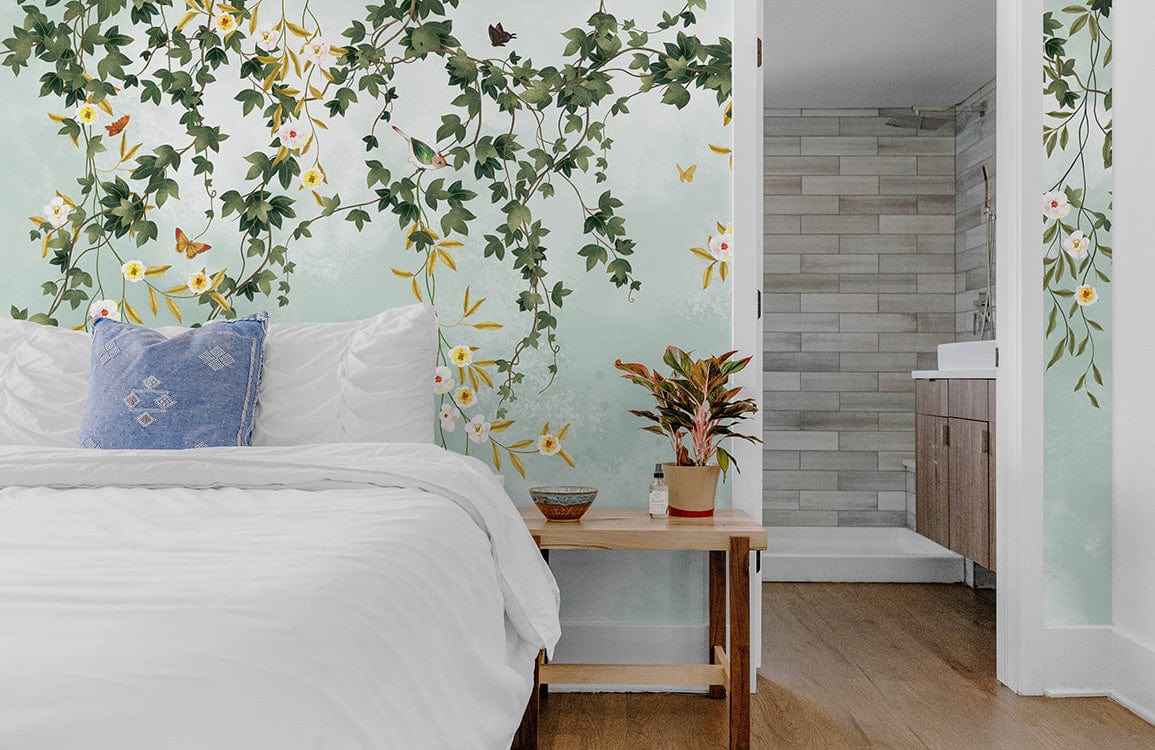 Weeping Flower Vines Patterned Wallpaper Mural for Use as a Bedroom Decoration