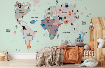 Whimsical Animal World Map Mural Wallpaper
