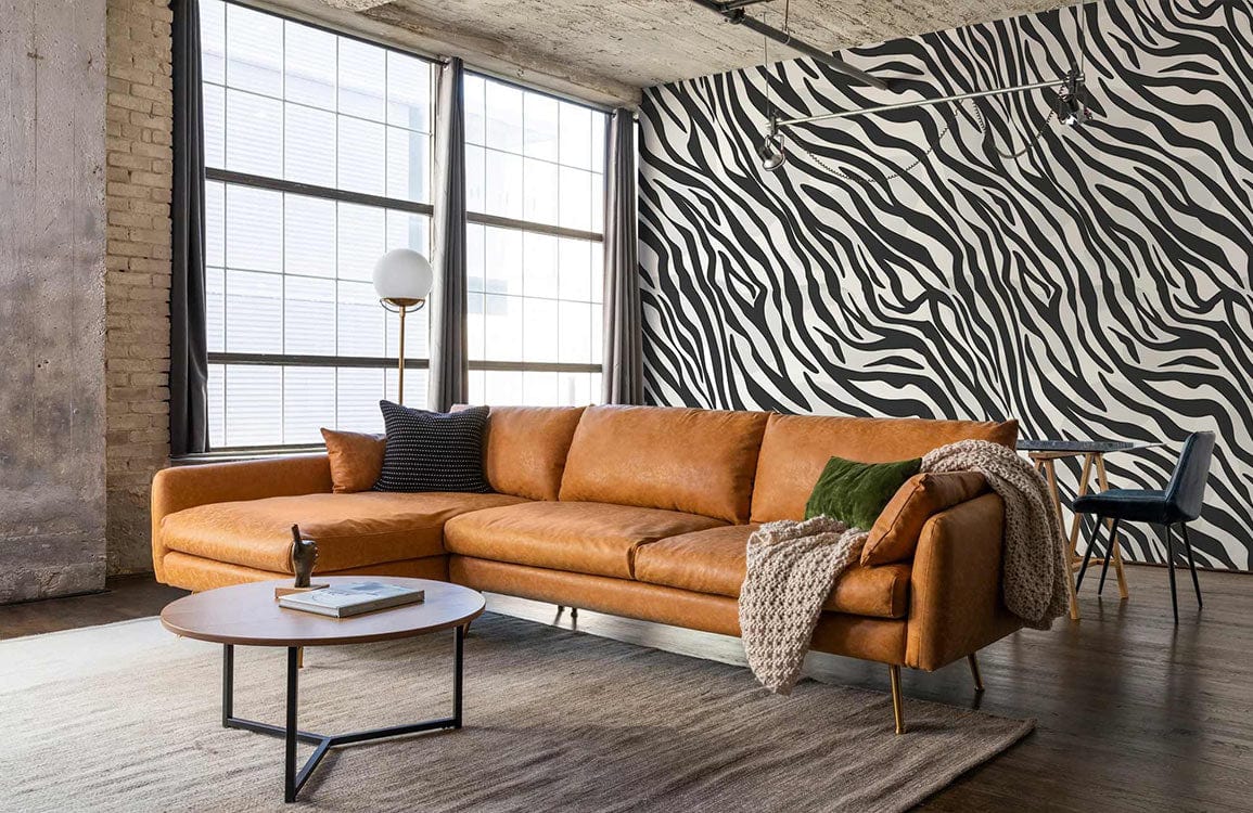 Decoration for the Living Room Utilizing a Tiger Fur Wallpaper Mural in Grey