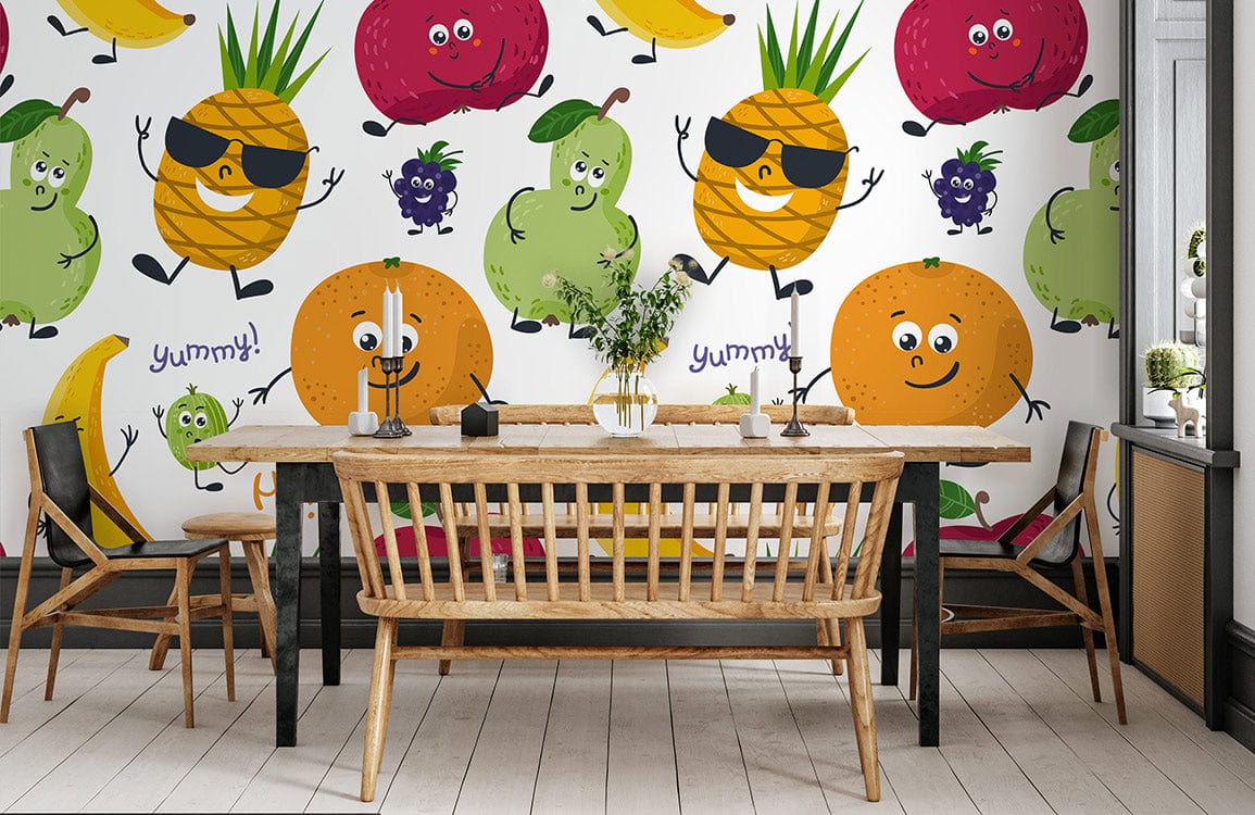 living room wallpaper with a variety of cartoon fruit patterns
