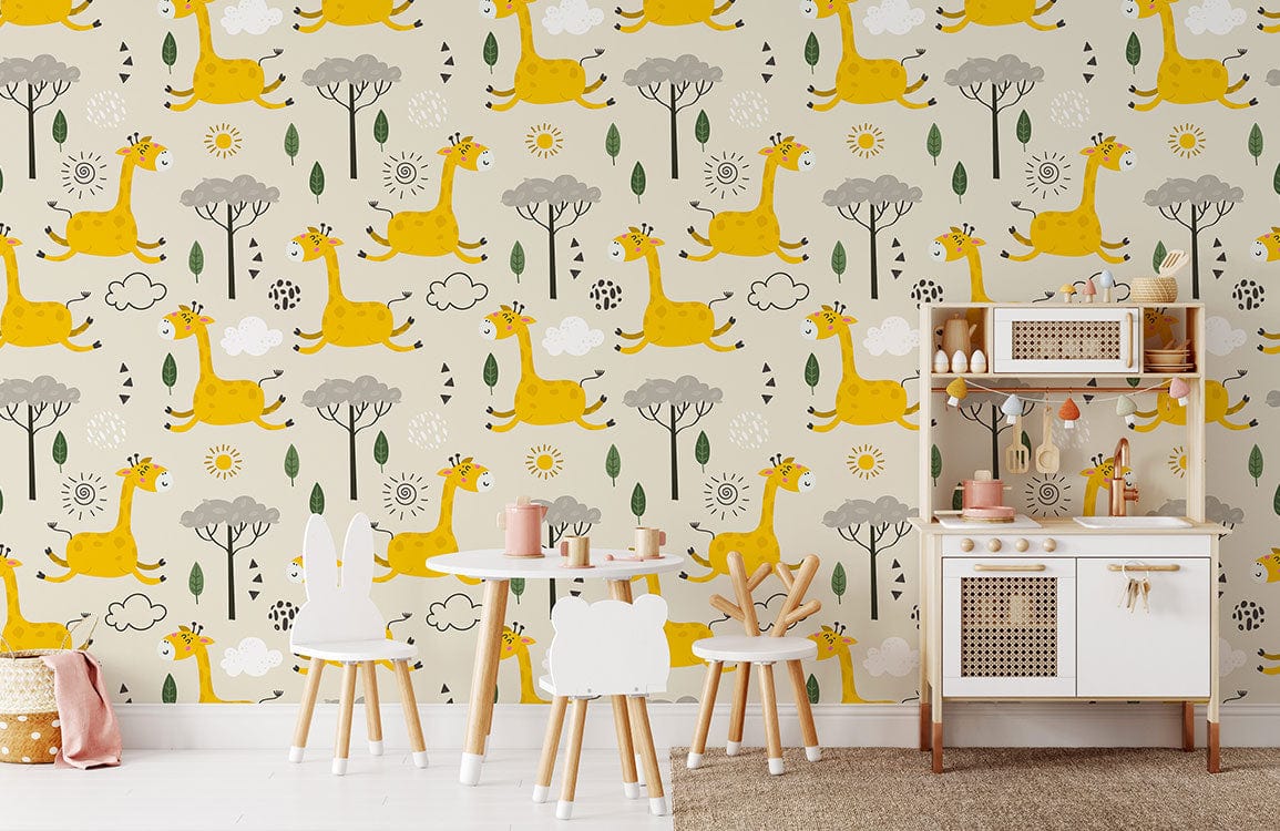 wallpaper with lovely cartoon giraffes, clouds, and trees