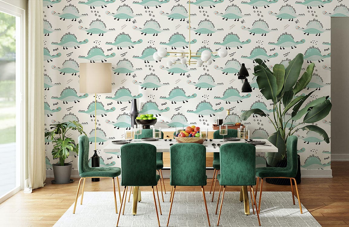 animal wallpaper mural with a fresh green dinosaur design that is repeated.