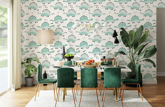 animal wallpaper mural with a fresh green dinosaur design that is repeated.
